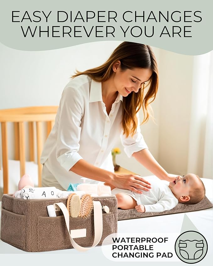 Baby Diaper Caddy Organizer with Portable Changing Mat - Teddy Fleece Diaper Organizer for Changing Table - Basket for Changing Essentials - Baby Essentials Organizer with Removable Dividers