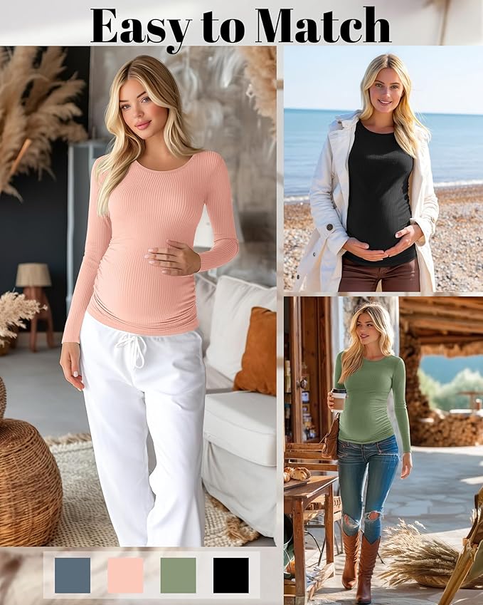 Huukeay 4 Pack Women's Maternity Shirts, Long Sleeve Cotton Ribbed Pregnancy Tops Side Ruched Crew Neck Casual Mama Clothes