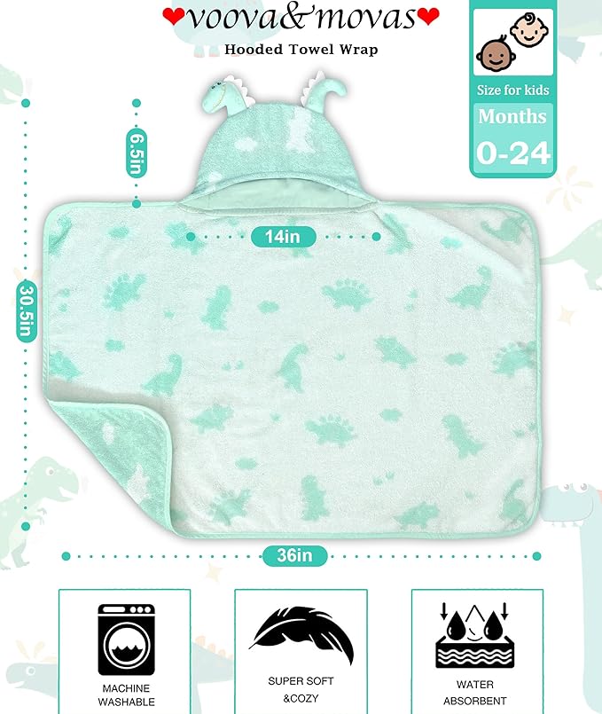 VOOVA & MOVAS Thick Baby Hooded Bath Towel - 100% Cotton,400GSM, 30.5x36 Inches,0-2Years, Super Absorbent Large Towel with Cute Dino Hood for Newborn, Baby, Infant, Baby Essentials,Dino