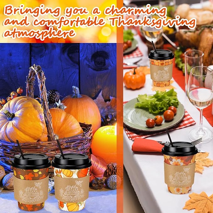 Lallisa 100 Sets Fall Thanksgiving Coffee Cup Bulk with Lid Disposable 12 oz Fall Hot Cups Paper and Sleeves Straws, Autumn Drinking Supplies for Holiday Party(Classic Style)