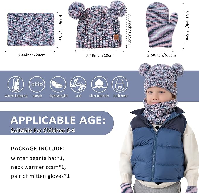 Kids Toddlers Winter Beanie Hats Gloves Neck Scarf Set Mittens Gifts for 0 6 12 Months 1 2 3 4-8 Year Old Baby Girls Boys