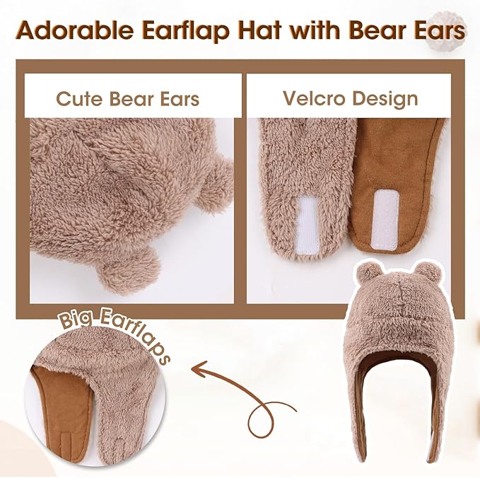 Bear Baby Winter Hat Toddler Earflap Beanie Unisex Infant Snow Cap Warm Fleece Kids Trapper Hats for Girls Boys 0-36M