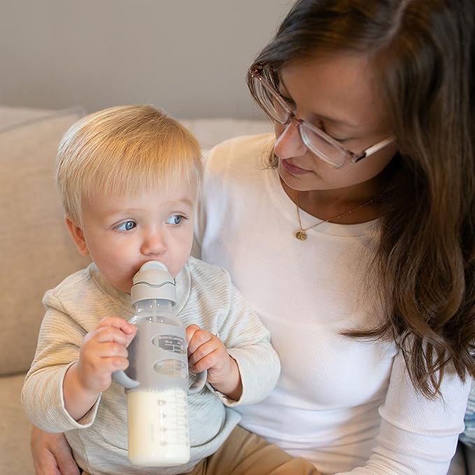 Dr. Brown's Milestones Narrow Sippy Straw Bottle, Spill-Proof with 100% Silicone Handles and Weighted Straw, 8 oz/250 mL, Gray & Pink, 6m+