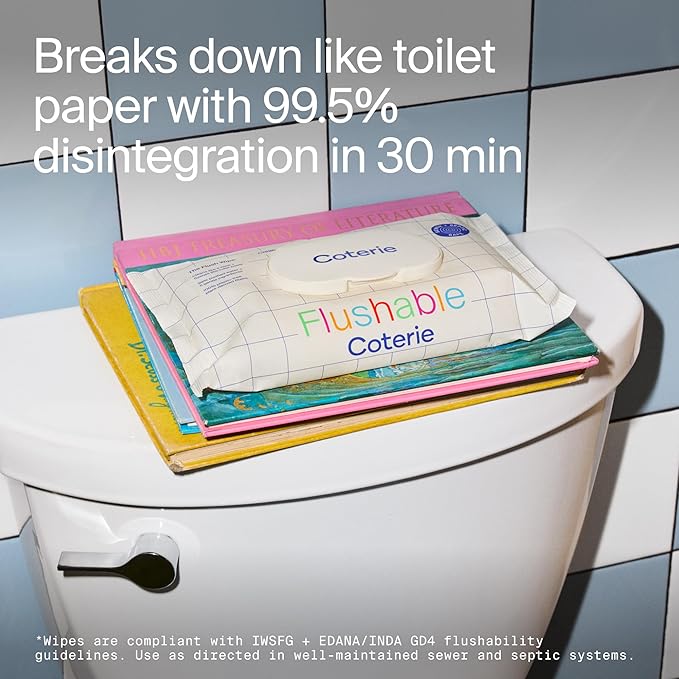 Coterie Flushable Wipes for Sensitive Skin, Hypoallergenic, 99% Water, Plant-Based Fibers, Sewer + Septic Safe to Flush, Fragrance Free, Designed for Potty Training | 8 Packs (448 Wipes)