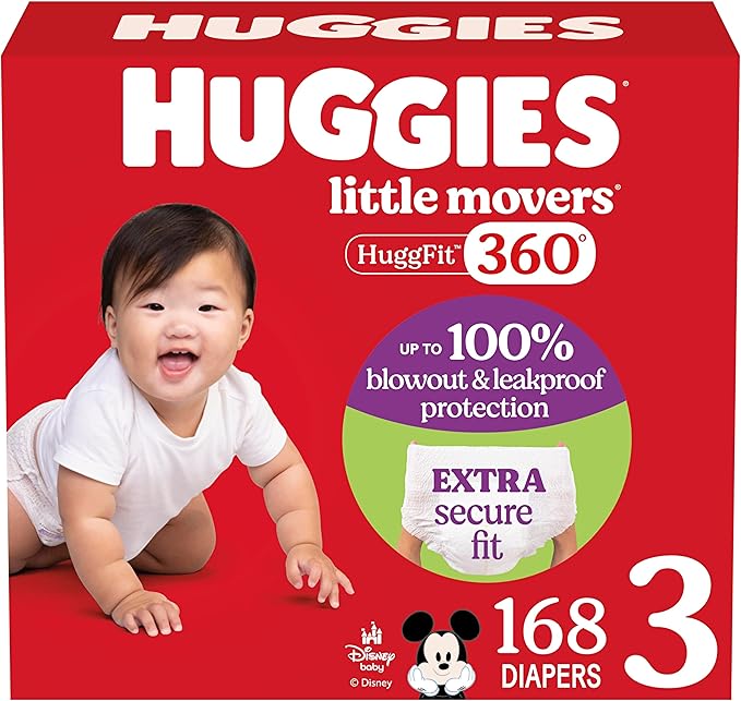 Huggies Size 3 Baby Diapers, Little Movers HuggFit 360° Baby Diapers with 360° Waistband, Size 3 (16-28 lbs), 168 Count (3 Packs of 56), Packaging May Vary