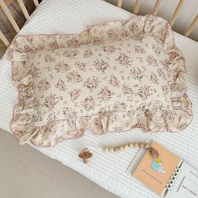 BuLuTu Muslin Toddler Kids Pillowcases Standards Size Pillow Cases for Toddlers Bed, Pink Floral Girls Boys Pillow Covers Fit for Children Pillow Sized 20"x26", Envelope Closure