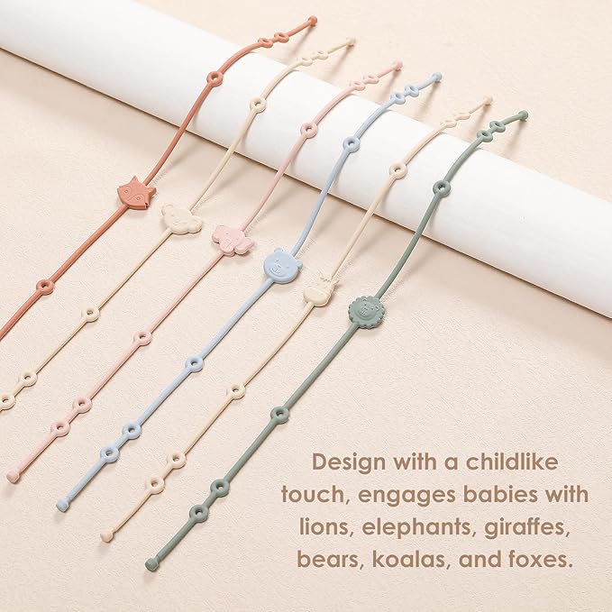 ROCCED Toy Straps for Baby 6pcs, Silicone High Chair Toys Straps Stroller Accessories Toddler Bottle Straps Car Seat Toys Baby Travel Essential Silicone Animal Design Blush+Ivory+TER