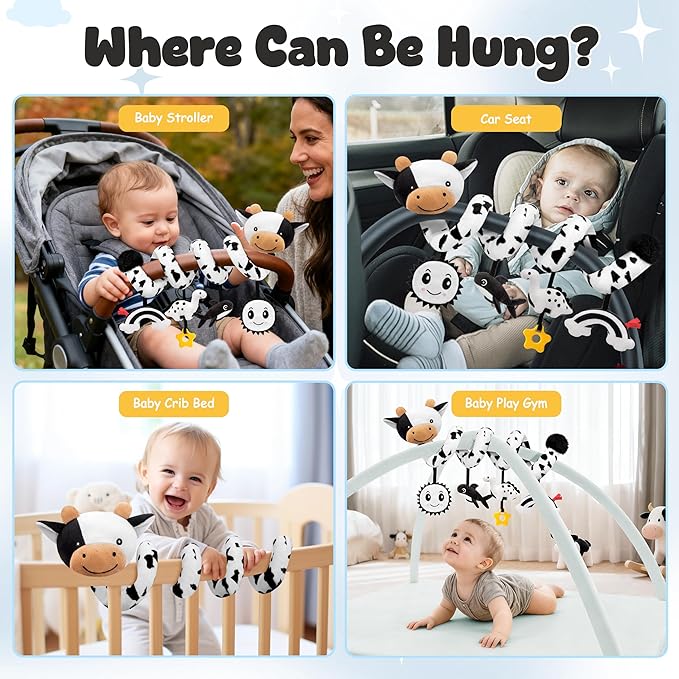 Spiral Car Seat Baby Toys 0-6 Months, Infant Carseat High Contrast Sensory Toys Hanging Stroller Accessories, Newborn for Baby Boys Girls Essentials Stuff, Cute Black and White Cow