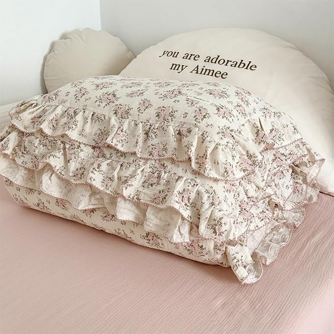 AOJIM Pink Floral Kids Toddler Pillowcase 1 Piece Super Soft Muslin Cotton Bedding Pillowcase with Ruffle Edges, Durable Nursery Pillowcase Aesthetic Print Kids Pillow Cover for Room Decor, 26X20 Inch