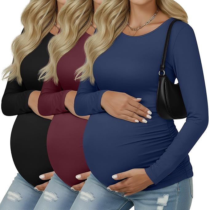 Ficerd 3 Pack Women's Maternity Shirts, Long Sleeve Side Ruched Pregnancy Tee Tops Crew Neck Casual Mama Clothes Basic Tunic