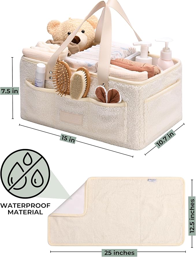Baby Diaper Caddy Organizer with Portable Changing Mat - Teddy Fleece Diaper Organizer for Changing Table - Basket for Changing Essentials - Baby Essentials Organizer with Removable Dividers