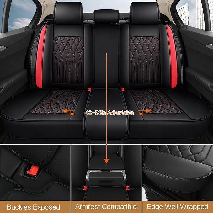Pariitadin Leather Car Seat Covers Full Pair, Waterproof Faux Leather Seat Covers for Cars, Non-Slip Car Interior Covers Universal Fit for Most Cars Sedans Trucks SUVs, Black/Red Line