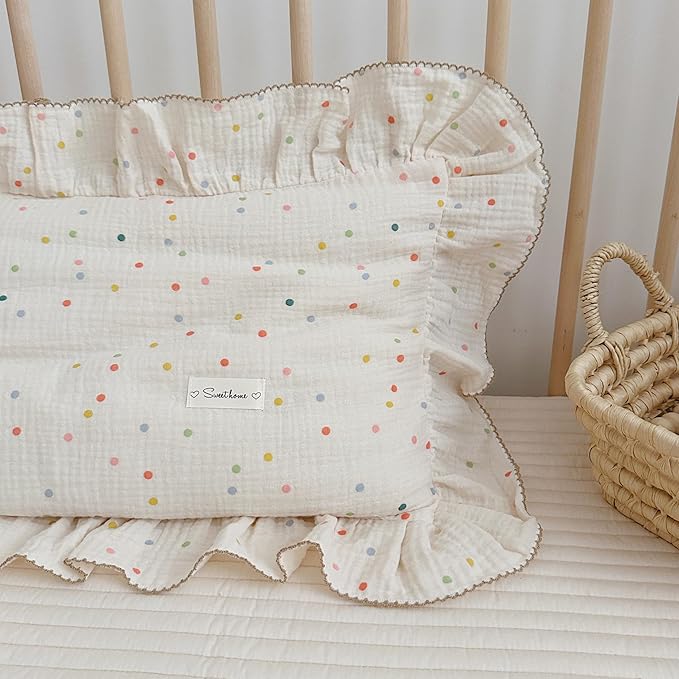 AOJIM Kids Toddler Pillowcase 1 Piece Super Soft Muslin Cotton Bedding Pillowcase with Colorful Beans Pattern, Ruffle Edges Nursery Pillowcase Durable Kids Pillow Cover, Machine Washable 26x20 Inches