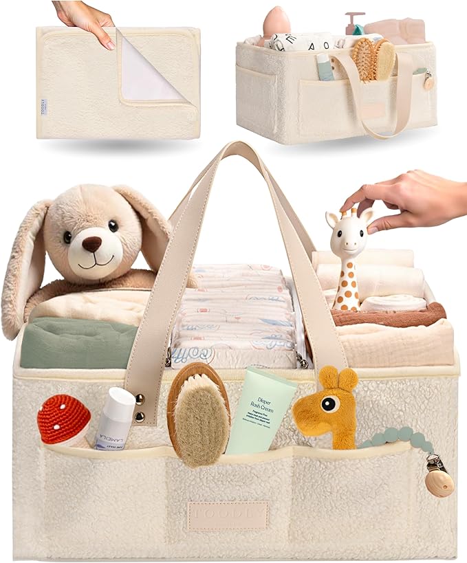 Baby Diaper Caddy Organizer with Portable Changing Mat - Teddy Fleece Diaper Organizer for Changing Table - Basket for Changing Essentials - Baby Essentials Organizer with Removable Dividers