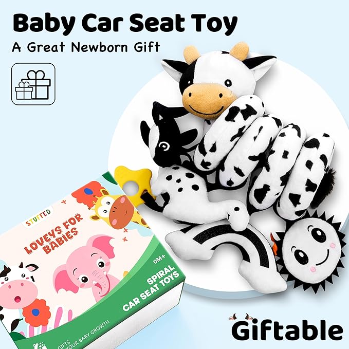 Spiral Car Seat Baby Toys 0-6 Months, Infant Carseat High Contrast Sensory Toys Hanging Stroller Accessories, Newborn for Baby Boys Girls Essentials Stuff, Cute Black and White Cow
