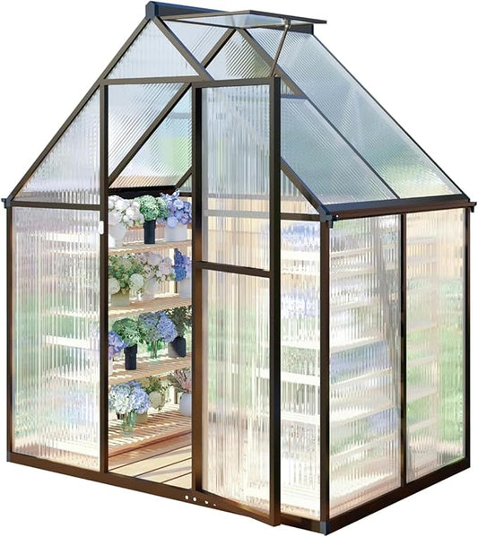 CQZY 6x4 FT Greenhouse for Outdoors, Polycarbonate Greenhouse with Quick Setup Structure and Roof Vent, Aluminum Large Walk-in Green House for Outside Garden Backyard, Dark Gray