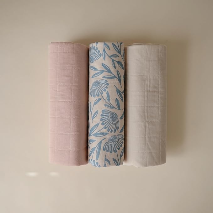 mushie Waterproof Changing Pad Liners | 100% Organic Cotton | Set of 3 (Blue Flowers Combo)