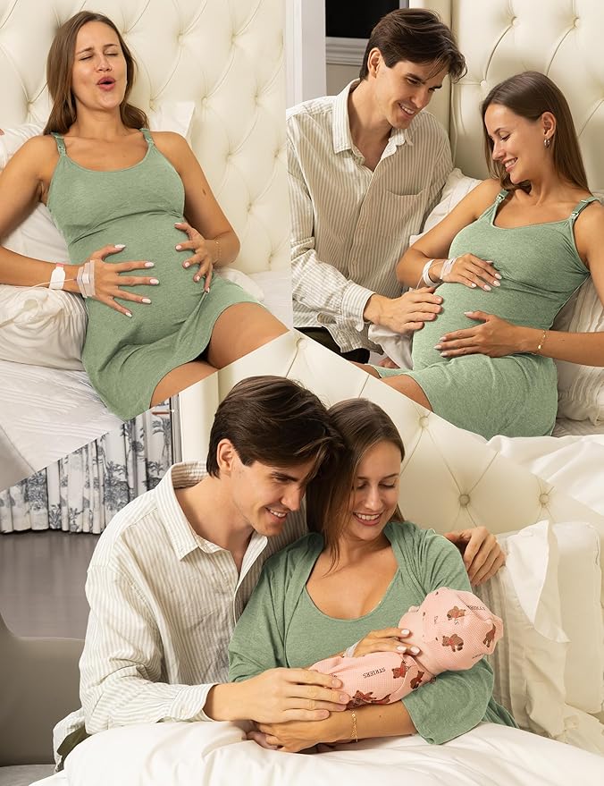 SUNNYBUY Women's Nursing Nightgown Maternity Robe Set, 3 in 1 Labor Delivery Breastfeeding Dress Postpartum Sleepwear