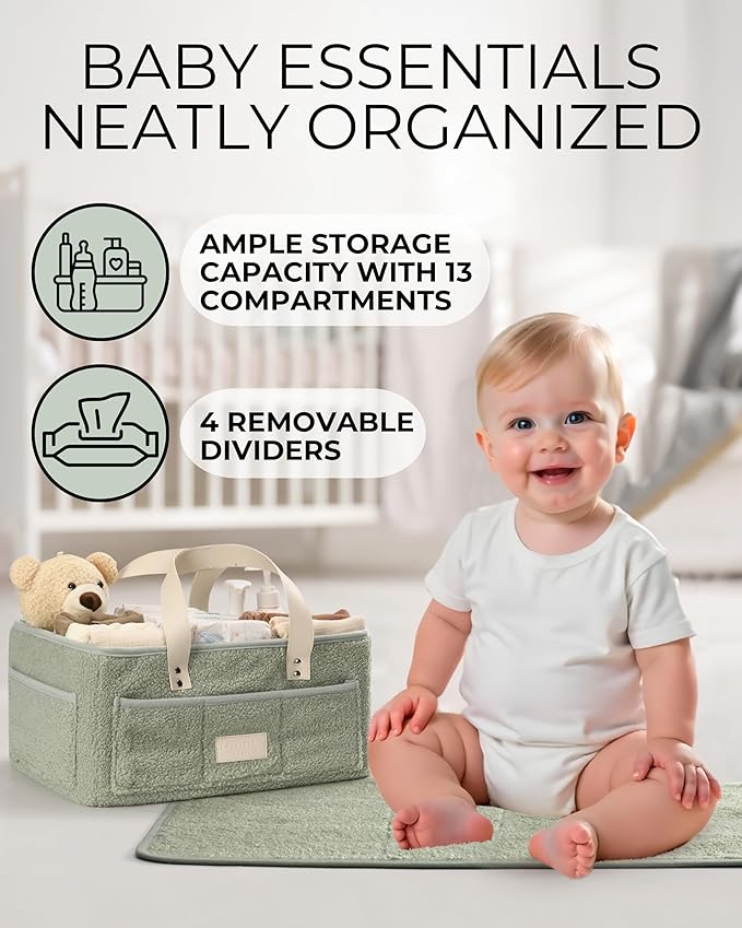 Baby Diaper Caddy Organizer with Portable Changing Mat - Teddy Fleece Diaper Organizer for Changing Table - Basket for Changing Essentials - Baby Essentials Organizer with Removable Dividers