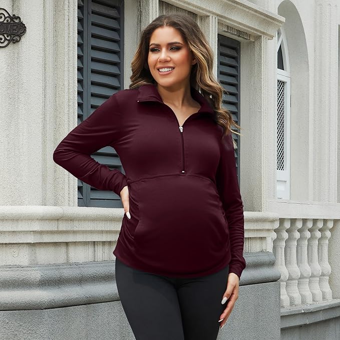 GINKANA Maternity Women's Long Sleeve Shirt Half Zipper Lapel Lightweight Casual Maternity Pullover with Pockets