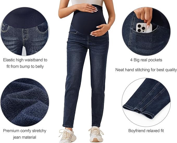 POSHGLAM Women's Maternity Jeans Over Belly Comfy Stretch 28'' Boyfriend Jeans Loose Pregnancy Pants, S-XXL