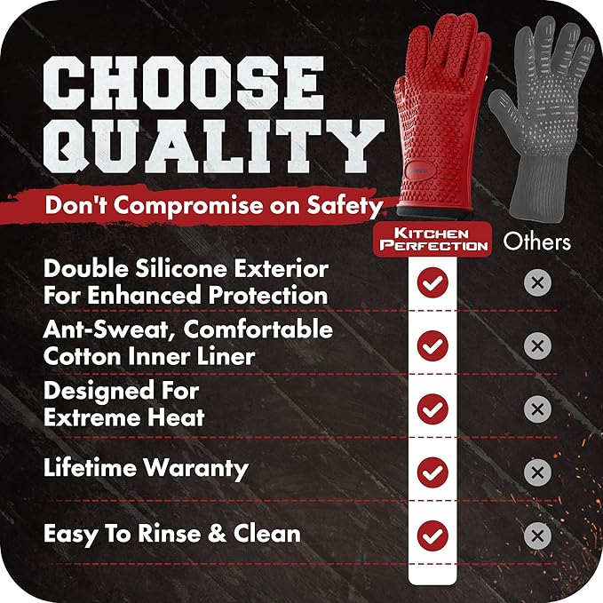 KITCHEN PERFECTION XL Silicone Smoker Oven Gloves-Extreme Heat Resistant BBQ Gloves-Handle Hot Food Right on Your Grill Fryer&Pit|Waterproof Grilling Cooking Baking Mitts|Superior Value Set+3 Bonuses