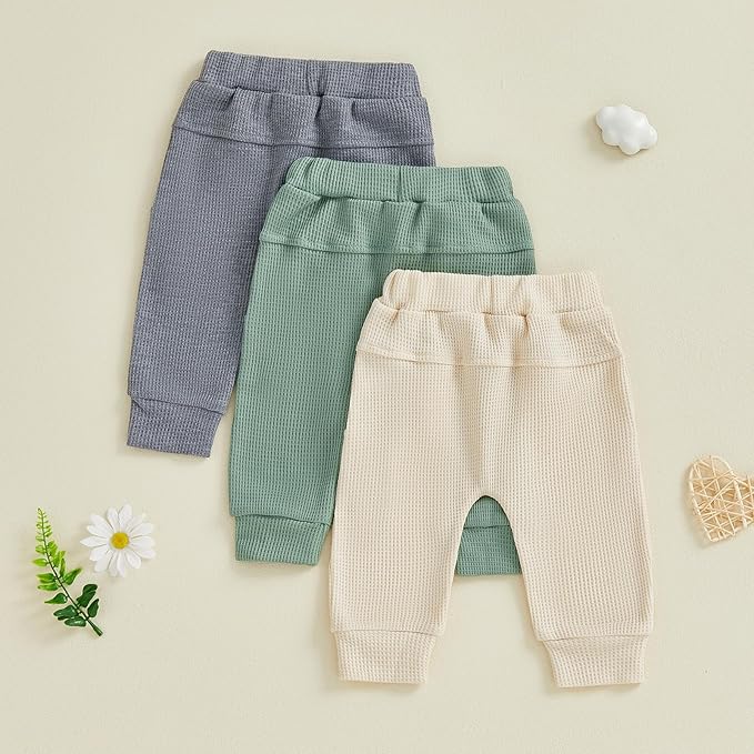 Sejardin Toddler Baby Boy Girl Pants 3 Pack Solid Color Elastic Waist Jogger Sweatpants Newborn Infant Casual Bottoms