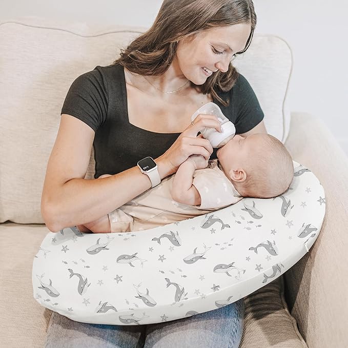 Konssy 2 Pack Nursing Pillow Covers, Stretchy and Soft Nursing Cover for Breastfeeding Pillows, Pillow Slipcover for Baby Girls Boys Newborn (Starry Whales,Cozy Grid)