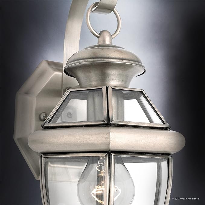 Urban Ambiance Luxury Colonial Outdoor Wall Light, Small Size: 11.5" H x 7" W, with Tudor Style Elements, Versatile Design, Classy Aged Silver Finish and Beveled Glass, UQL1141