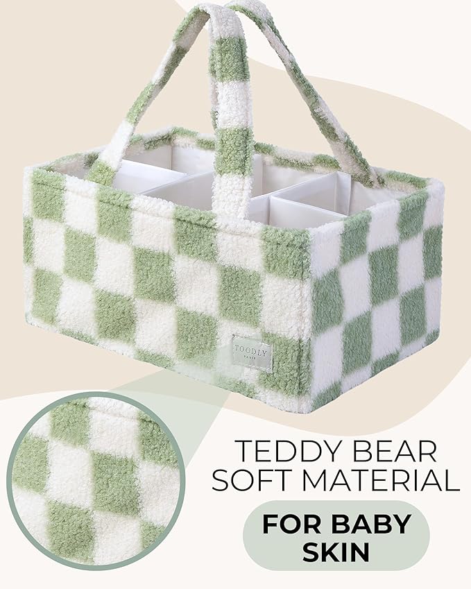 Checkered Diaper Caddy Organizer with Portable Changing Mat - Teddy Fleece Diaper Organizer for Changing Table - Caddy Organizer with Removable Dividers - Green and White