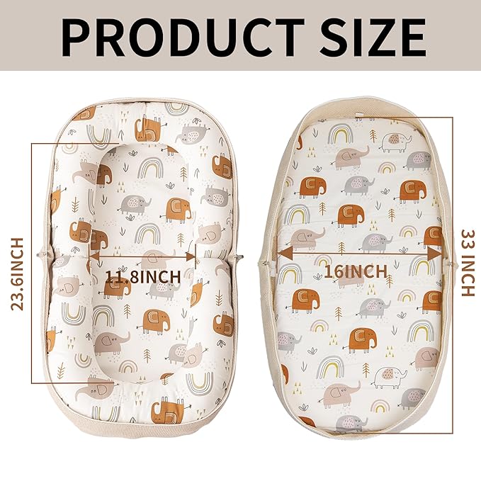 Baby Lounger, Foldable Infant Nest Pillow with Soft Memory Foam Mat, Cover with Adorable Pattern, Converts to Backpack for Easy Travel, 0-12 Months, White