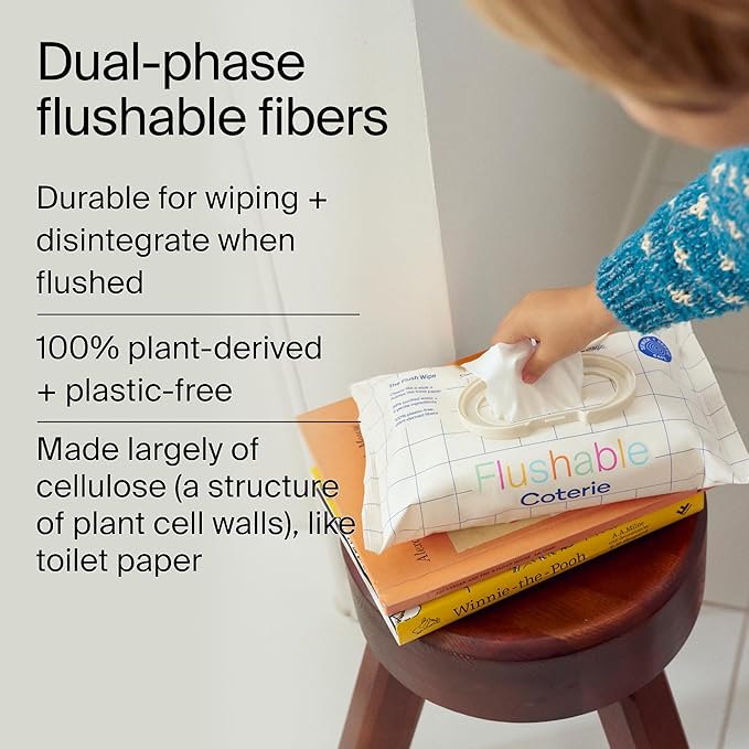 Coterie Flushable Wipes for Sensitive Skin, Hypoallergenic, 99% Water, Plant-Based Fibers, Sewer + Septic Safe to Flush, Fragrance Free Potty Training Toddler Toilet Wipes | 16 Packs (896 Count)