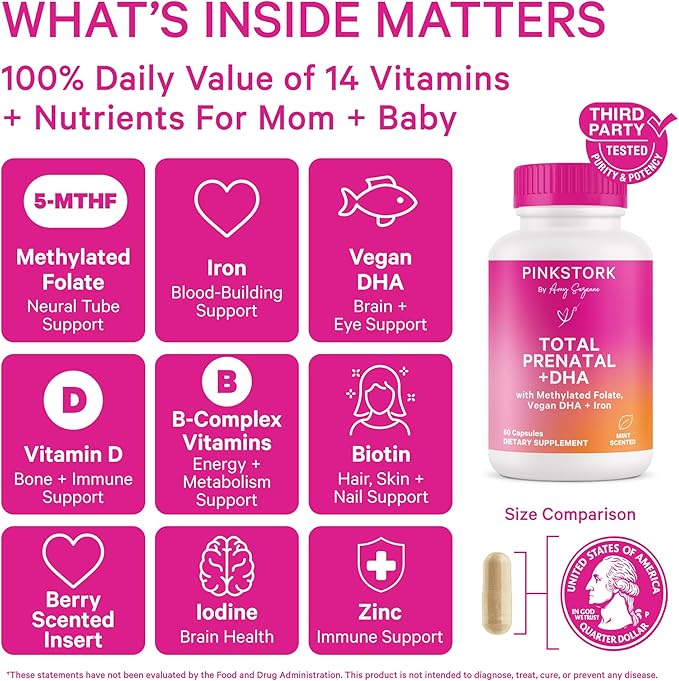 Pink Stork Total Prenatal Vitamins with DHA, Folate, Iron, Choline, and Vitamin B12 - Preconception Nutrition - Prenatals for Women, Pregnancy Essentials - Mint Essence, 60 Capsules, 1 Month Supply