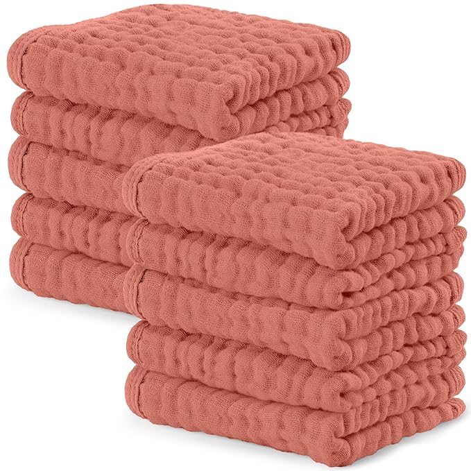Comfy Cubs Muslin Baby Washcloths 10 Pack - Soft 6-Layer Cotton Wash Cloths for Sensitive Skin - 10"x10" Large, Gentle, Absorbent Infant Essentials for Newborn and Toddlers - Dusty Rose