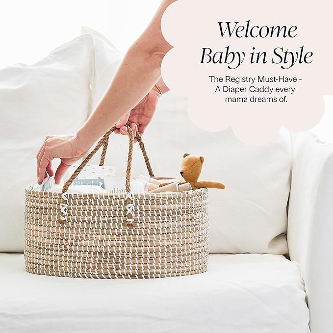 BEBE BASK Premium Baby Diaper Caddy Organizer - Handmade - Seagrass Basket With Cotton Divider - Award-Winning & Luxury Diaper Caddy Basket - White (NATURAL)