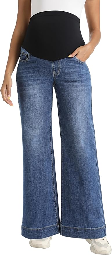 Foucome Women's Maternity Jeans Wide Leg Trendy Comfy Stretchy Straight Leg Pregnancy Denim Pants