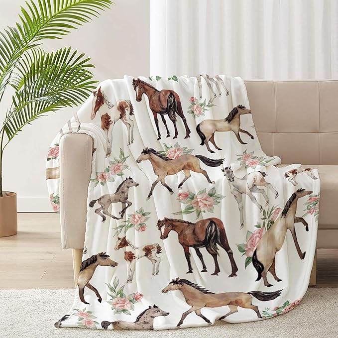 Horse Rose Throw Blanket for Women Men Flowers Blanket Gifts for Adults Cute Horses Lightweight Blanket 60X80 Inches for Bed All Season