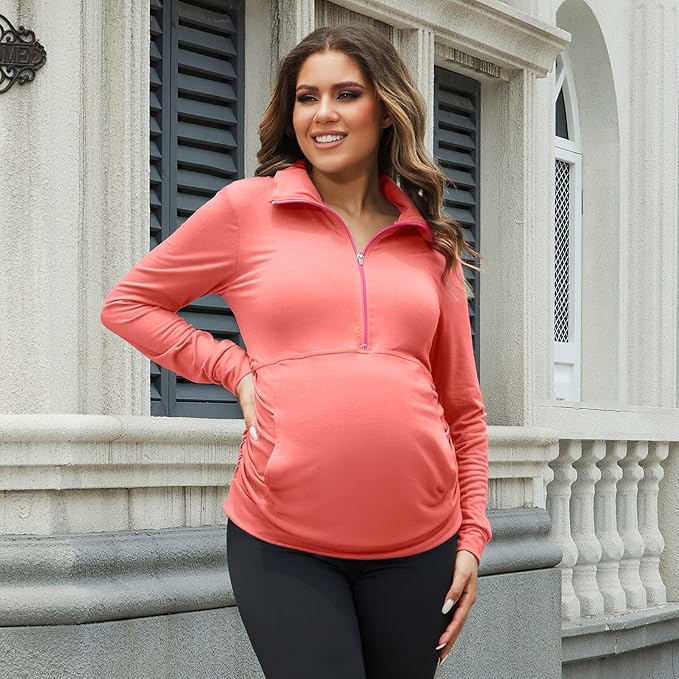 GINKANA Maternity Women's Long Sleeve Shirt Half Zipper Lapel Lightweight Casual Maternity Pullover with Pockets