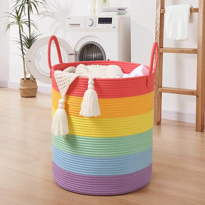 52L Rainbow Storage Basket for Organizing, 15"×18" Large Tall Laundry Baskets, Cotton Rope Woven Blanket Basket, Toy Storage for Kids, Collapsible Laundry Hamper for Living Room, Nursery Room