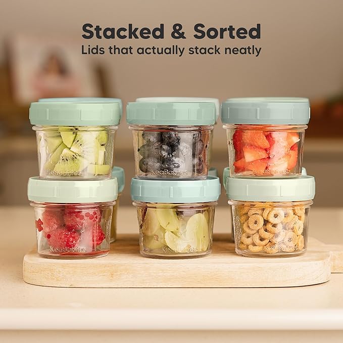 KeaBabies 6pk 4oz Glass Baby Food Containers with Lids - Leak-Proof, Microwavable Small Glass Jars, Baby Purees & Toddler Snack Storage Containers, BPA-Free, Dishwasher & Freezer Safe (Sage)