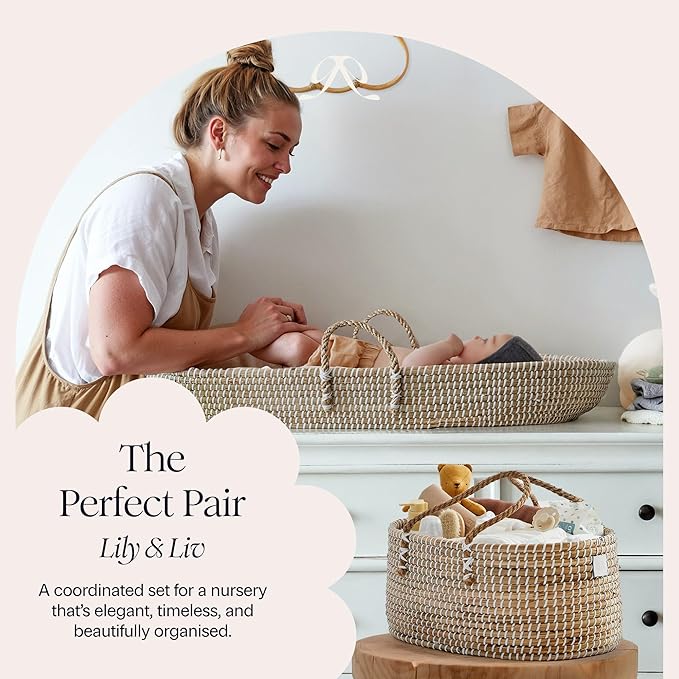 BEBE BASK Premium Baby Diaper Caddy Organizer - Handmade - Seagrass Basket With Cotton Divider - Award-Winning & Luxury Diaper Caddy Basket - White (NATURAL)