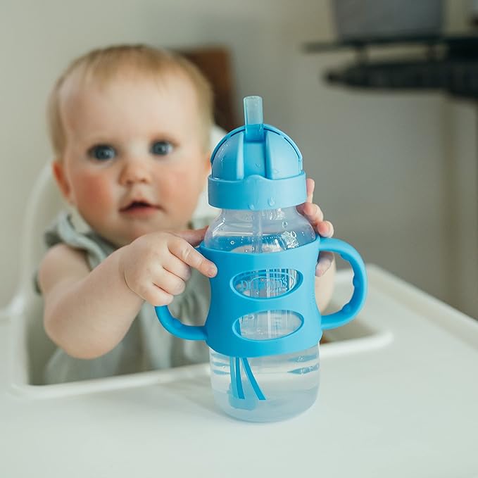 Dr. Brown's Milestones Wide-Neck Sippy Straw Bottle with 100% Silicone Handles and Weighted Straw, 9 oz/270 mL, Gray & Blue, 6m+ (Pack of 6)