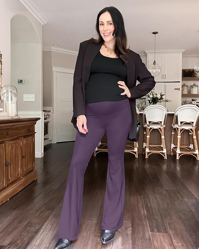 G4Free BareFeel Maternity Flare Leggings with Pockets Over The Belly Stretchy Casual Lounge Pregnancy Dress Pants for Work