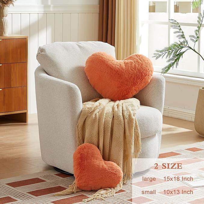 EastTree Heart Pillows, Pink Orange Heart Shaped Pillows, Love Throw Pillows Gifts, Ultra Soft Faux Rabbit Fur Small Cute Pillows, Women Girls Kid Room Decor 10x13 Inch