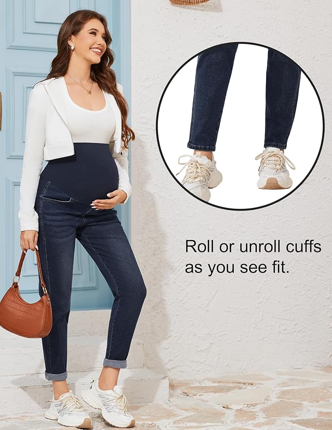 POSHGLAM Women's Maternity Jeans Over Belly Comfy Stretch 28'' Boyfriend Jeans Loose Pregnancy Pants, S-XXL