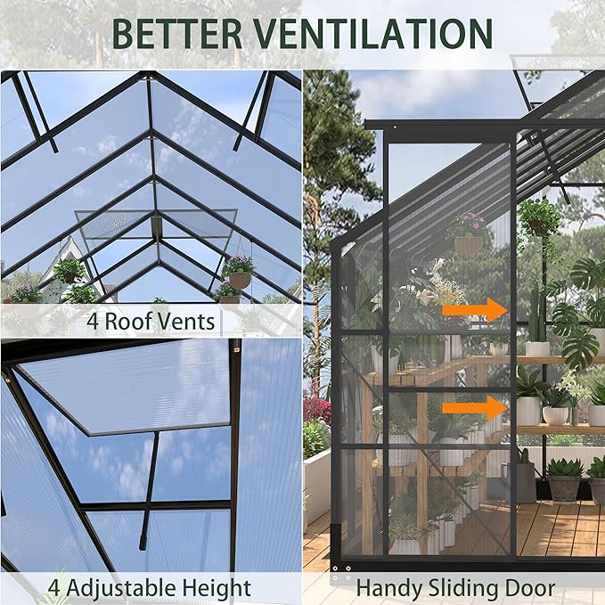 Greenhouses for Outdoors, 8x14.2 FT Polycarbonate Greenhouses with Adjustable Roof Vent, Aluminum Frame Green Houses for Garden with Sliding Doors, Windproof (8x14.2FT)