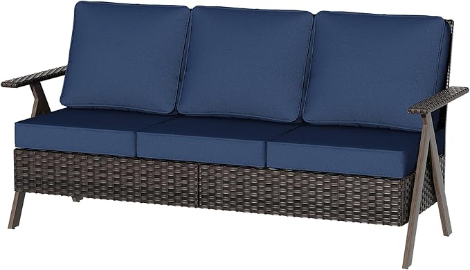 Outdoor Patio Sofa, 3 Seater Rattan Sofa for Outside, All-Weather Wicker Outdoor Sofa Couch with Metal Frame for Deck, Lawn