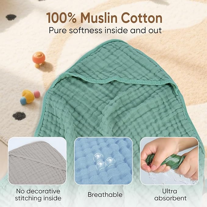 Muslin Hooded Baby Towels 100% Cotton ，Super Soft Muslin Baby Bath Towel - 32 x 32 Inches, Suitable for Newborn and Young Children up to 3 Years Old. (Grey & Green)