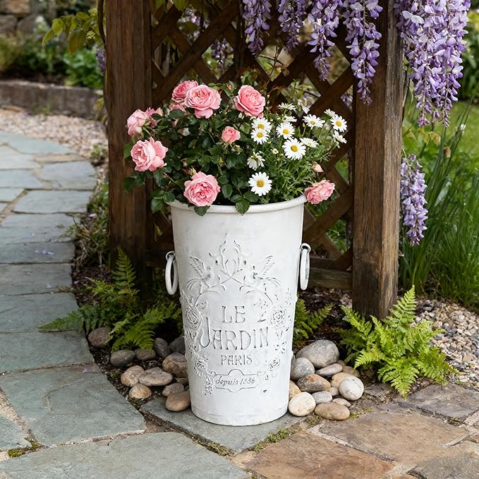 Set of 2 Distressed White Metal Flower Pots - Le Jardin Paris 14" Vintage Planters, Decorative Round Plants Buckets for Indoor/Outdoor Garden Patio Decor
