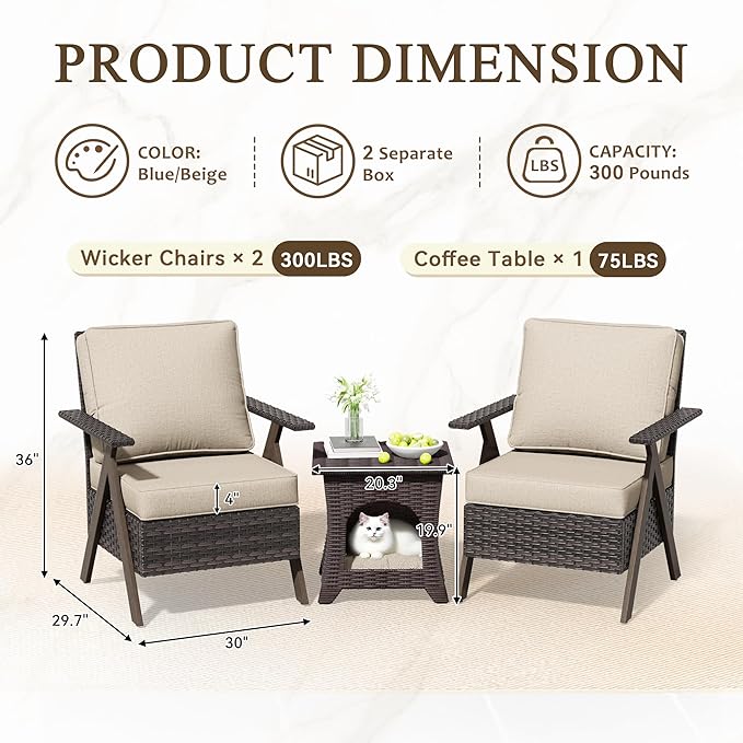 Patio Porch Furniture Chairs Set, 3 Pieces PE Rattan Wicker Chairs with Side Table, Outdoor Garden Furniture Sets for Garden Backyard Porch Poolside